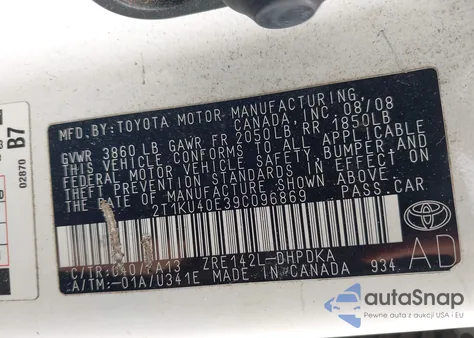 2009 Toyota Matrix from USA, damaged, VIN 2T1KU40E39C096869